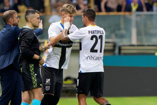 Anthony Partipilo (Parma Calcio) and Adrian Benedyczak (Parma Calcio)  during  Parma Calcio vs SSC Bari, Italian soccer Serie B match in Parma, Italy, September 27 2023